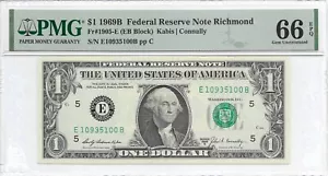 1969B $1 RICHMOND FRN. PMG GEM Uncirculated 66 EPQ Banknote. E/B Block - Picture 1 of 2
