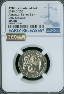2020 D AMERICAN SAMOA QUARTER NGC MS68 E.R. MAC SPOTLESS  * - Image 1 of 2