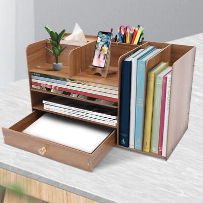 Desk Organizer Storage Shelf File Folder Wooden with Drawer Pen Holders - Image 1 of 4