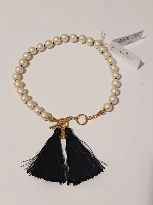 NUEVO CON ETIQUETAS Collar Kate Spade Anudado Simulado Marfil Perla Negro Borla Oro Palanca Foto 1 de 4
