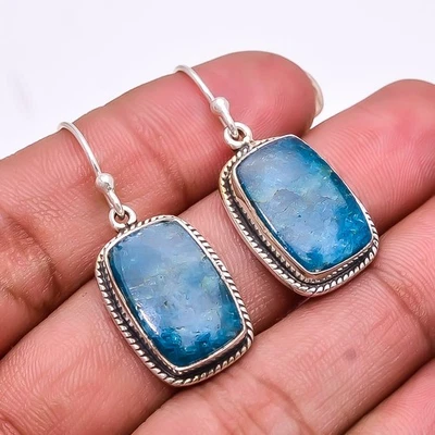 Brinco de prata esterlina 925 azul apatita neon 1,56" E68, presente de Natal - Imagem 1 de 4