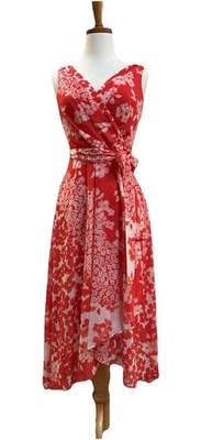 DKNY Size 2 Red Floral Belted Faux Wrap Dress Ethereal Boho Fairy  - Image 1 of 4
