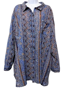 Catherines Button Up Top 3X Cotton Geo Floral Print Long Sleeve Blue Blouse - Picture 1 of 7