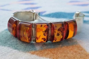 Vtg Chunky Baltic Amber Panel Bracelet Sterling Silver .925 Size 7 - Picture 1 of 13