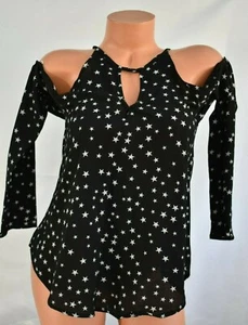 SEVEN SISTERS (L) Blouse BLACK White Stars Cold Shoulder Textured MSRP $34.00 - Picture 1 of 11