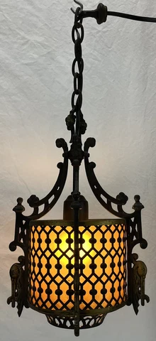Antique Early 20th C Brass Iron Mica Stork Bird Hanging Light Fixture Chandelier Cover