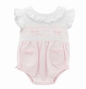 BABY GIRLS SPANISH ROMPERS PINK RUFFLES & LACE SHORT SUMMER ROMPER PLAYSUIT - Picture 1 of 3
