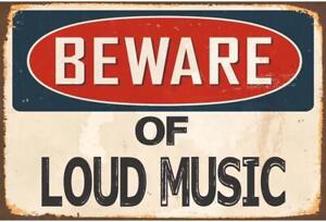 Metal Sign Plate Beware Loud Music Warning Novelty Wall Decor Bar Club Pub Shop