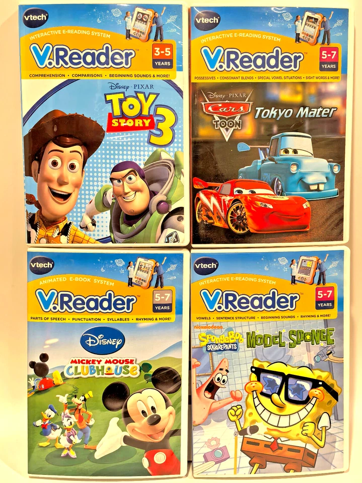 lot of 4 VTech v.reader cartridges: Toy Story 3, Mater, Spongebob - tested good - Image 1 of 4