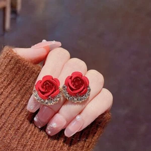Elegant Red Rose Flower Crystal Ear Earrings Stud Women Wedding Jewelry Gift New - Picture 1 of 3