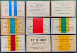 FRANKFORD KAL. .30 WWII NEU REPLIKAT 20 RUNDE MUNITIONSKISTEN - 9 ETIKETT-DISPLAY-SET - Bild 1 von 12