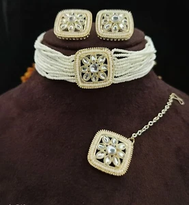 Bollywood Indian CZ AD Gold Plated White Pearl Choker Necklace Temple Jewelry - Picture 1 of 6