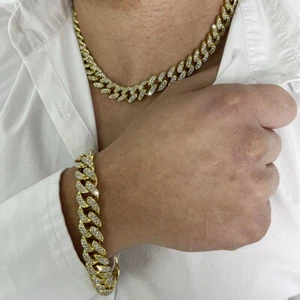 set bracciale + Collana Cubana Grossa girocollo Catena Grande Strass incastonati - Foto 1 di 14