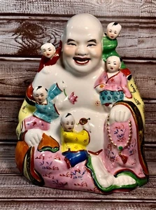 Vintage Chinese Porcelain Laughing Buddha Figurine with 5 Children 8.5" Tall - Picture 1 of 14