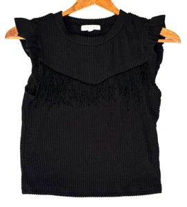Moa Moa Fringe Blouse Womens S Black Short Sleeved Stretchy Textured Fabric - Picture 1 of 5