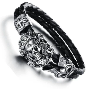 Stainless Steel Vintage Cross Skull Braided Leather Mens Bracelet Halloween Gift - Picture 1 of 1