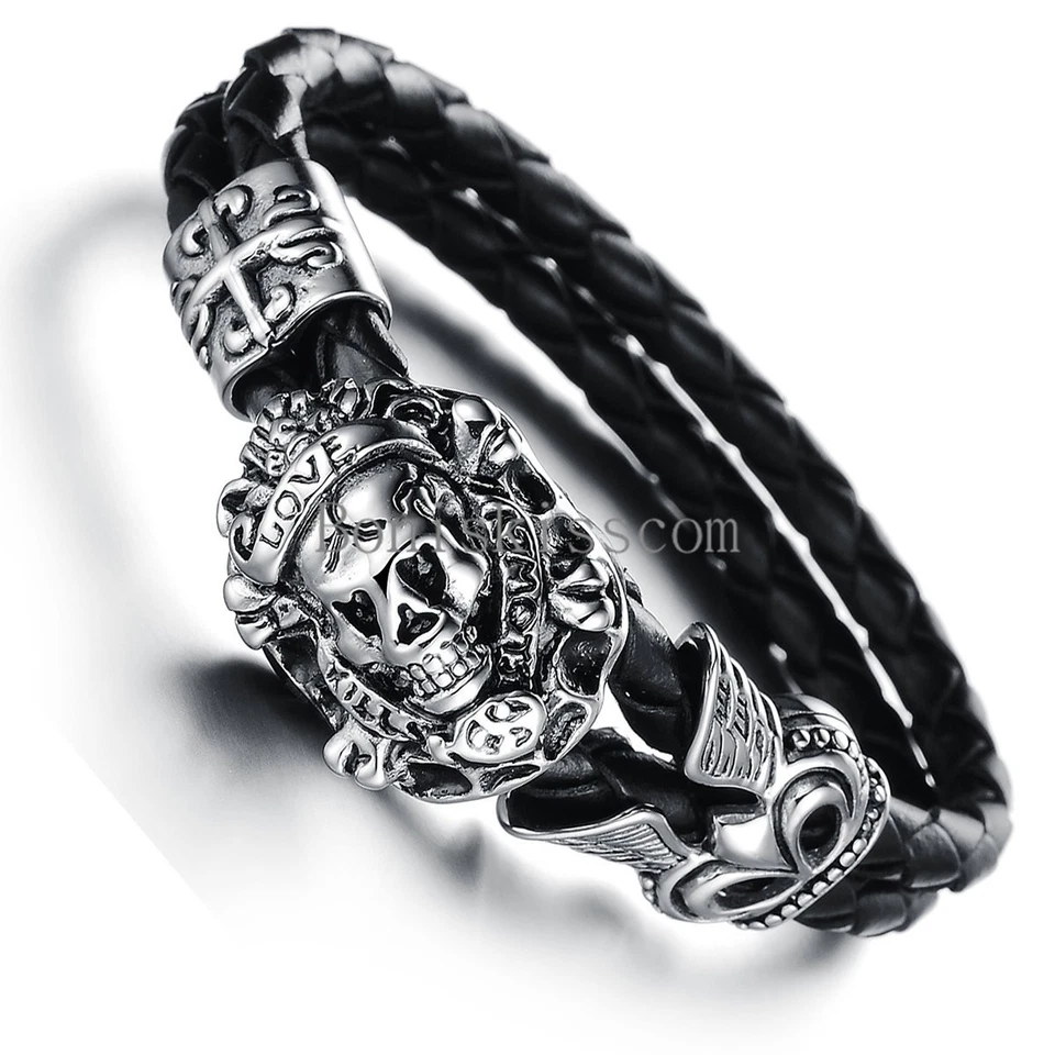 Stainless Steel Vintage Cross Skull Braided Leather Mens Bracelet Halloween Gift - Image 1 of 1