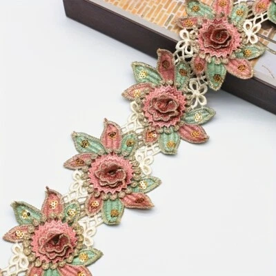 Bordado retro de 10 yardas 3D flores encaje adornos florales lentejuelas borde de cinta para coser Foto 1 de 4