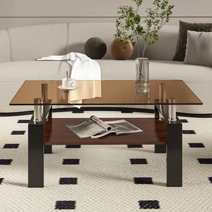 Rectangle Coffee Table Tempered Glass Tabletop MDF Layer Modern Table Living Roo - Picture 1 of 12