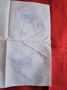 12 STAMPED FOR EMBROIDERY CHILDS QUILT SQUARES BOY GONE FISHING POLY-COTTON - Picture 1 of 6