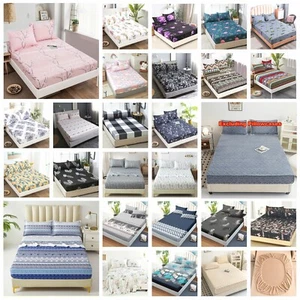 Elastic Fitted Sheet Set Wrap Around Queen King Size Bed Pillowcase Soft Floral - Picture 1 of 207