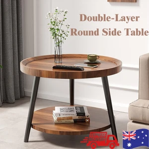 Walnut Round Side Coffee Table 40x48 2-Tier Storage Shelf with Anti-Drop Edge AU - Picture 1 of 11