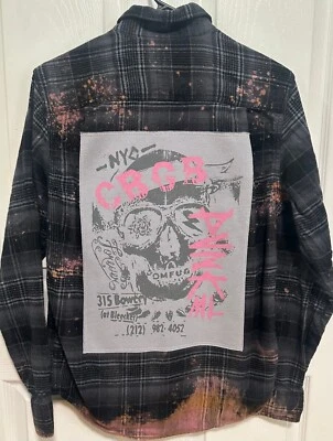 CBGB NYC PUNK ROCK OMFUG Upcycled Distressed Flannel Shirt Mens S One of A Kind - Image 1 of 4