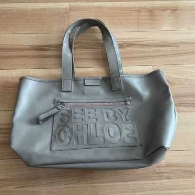 SEE BY CHLOE Handbag Tote Logo Leather Gray Women's USED FROM JAPAN - Image 1 of 4