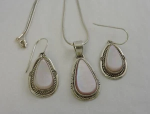 Sterling Silber Halskette & Ohrring Set Träne Tropfen rosa MOP 16" 1 1/2" 17 Gramm - Bild 1 von 6