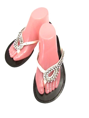 NAUGHTY MONKEY WHITE FAUX LEATHER /CLEAR CRYSTALS THONG SLIDES FLATS SANDALS 9.5 - Image 1 of 4