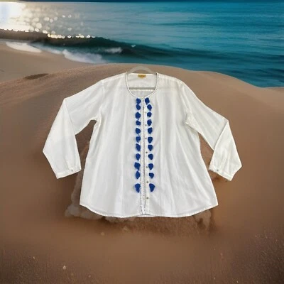 Roberta Roller Rabbit Womens Cotton Long Sleeve Blouse XL Peasant Boho Pom-Poms - Image 1 of 4
