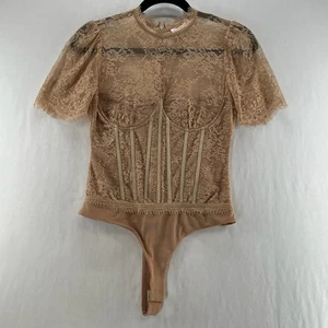 ASTR The Label Lacie Bodysuit Women XS Corset Boned Sheer Lace Short Sleeve Nude - Picture 1 of 12