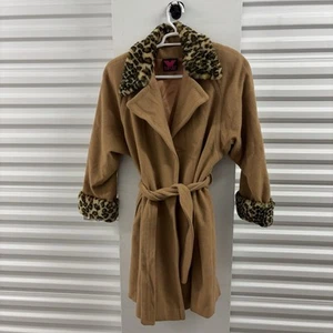 Vintage Virginia Slims Brand Wool Blend Long Trench Coat With Cheetah Cuffs, M - Picture 1 of 11