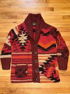 Ladies Eddie Bauer Hand Knit Wool Sweater Aztec Jacket L/XL 2 front pockets - Picture 1 of 12