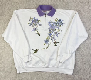Felpa Colibrì Vintage 1/4 Zip Donna Taglia XXL 2XL Bianco Viola Fiore - Foto 1 di 8