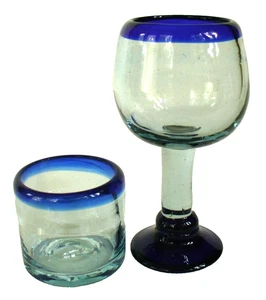 2~Mexico~HAND BLOWN~Clear Glass~COBALT BLUE BAND~4oz~Liqueur~3oz~Shot Glass~EC - Picture 1 of 13