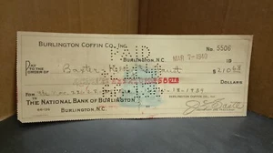 VINTAGE 1940 CHEMUNG NATIONAL BANK OF BURLINGTON,N.C. CHECK CASHED - Picture 1 of 2