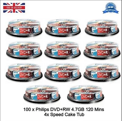 100 Philips DVD+RW 4.7GB Disc 120Min 4x Speed Spindle Tub Rewritable Blank Discs - Image 1 of 4