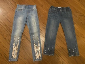 Justice 7 Girls Sequin Jeans & Mae Li Rose Pearl Cropped Denim Jeans Pull On 7 - Picture 1 of 11