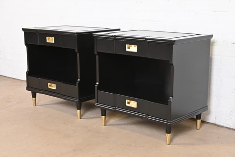 John Widdicomb Mid-Century Modern Hollywood Regency Black Lacquered Nightstands Cover