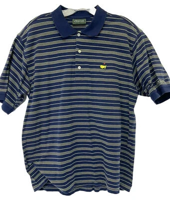 Camisa polo de golfe masculina grande logotipo listrado azul/amarelo Masters Collection (T12) em excelente estado usado - Imagem 1 de 4