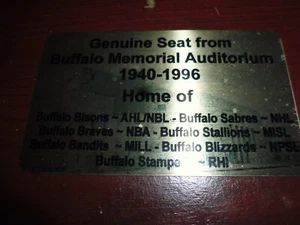 BUFFALO MEMORIAL AUDITORIUM STADIUM SEAT PLAQUE - Picture 1 of 1