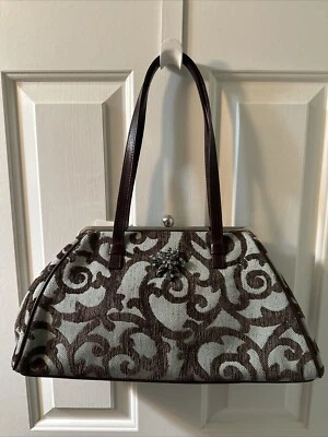 Bolso de Mano Glenda Gies Vintage Marrón y Azul Bloqueo de Beso Plateado Mango Superior Nuevo con Etiquetas Foto 1 de 4