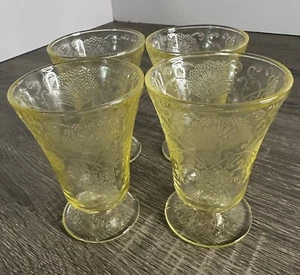 Hazel Atlas Depression Florentine 2 Yellow Footed Tumbler Juice Glasses Set of 4 - Picture 1 of 9