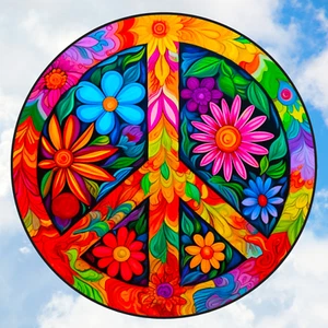 Peace Sign with Hippie Flowers WINDOW CLING Sun-catcher Size 8" Round Vinyl - Picture 1 of 1
