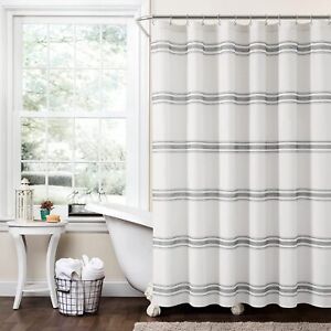 Lush Decor Farmhouse Stripe Cotton Shower Curtain, 72" x 72", Blue