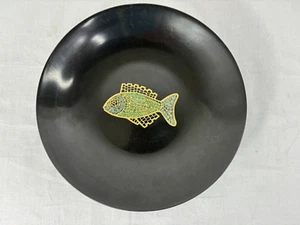 VTG MCM Couroc Round Bowl 7 3/4 x 7 3/4  Mosaic Fish Black Resin Inlaid Brass - Picture 1 of 7