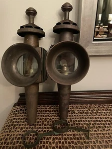 OLD Antique Pair Brass Coach Carriage Lamps Funeral Hearse Oil Lanterns - Picture 1 of 12