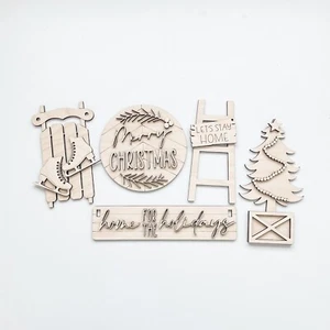 Farmhouse Christmas DIY Wood Unfinished Blank Kit Sitter Shelf Sign Set - Picture 1 of 8