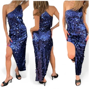 NWT THEA | SZ S | One Shoulder Sequin Maxi Dress Navy Cobalt Blue $248 - Picture 1 of 6